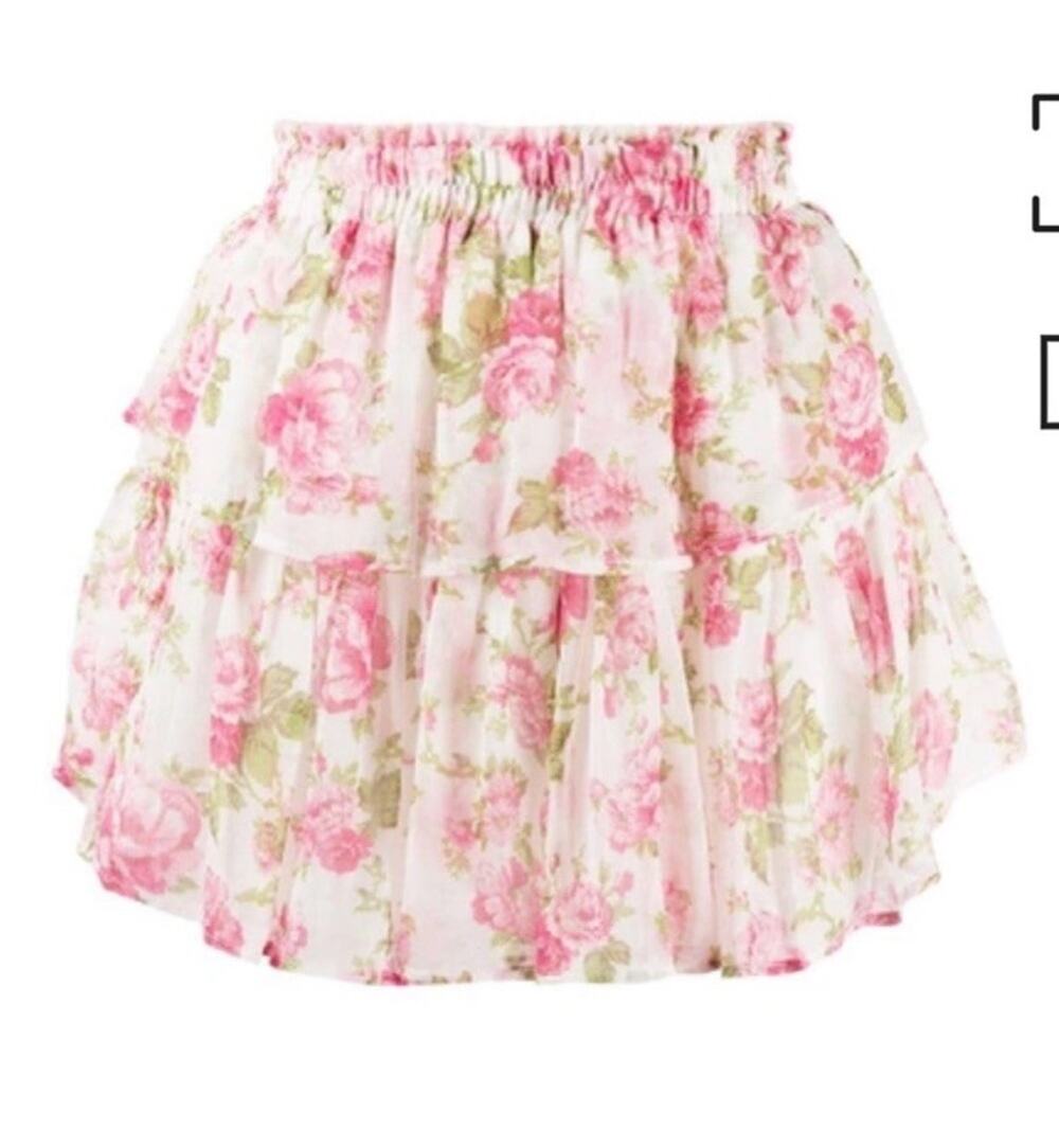 LoveShackFancy Ruffle Mini Skirt S Blushing Rose Floral 100% Silk